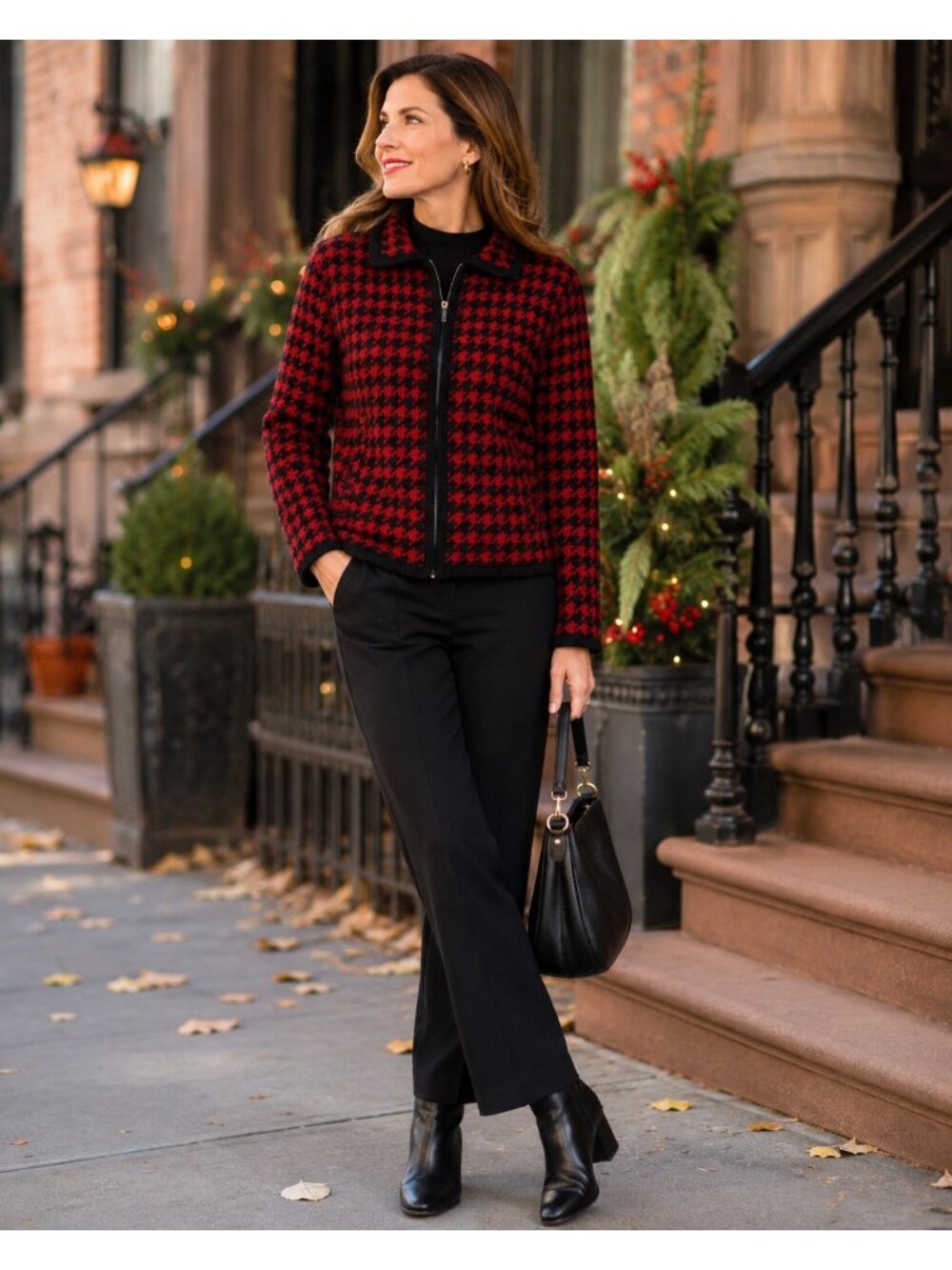 VTG Paul Harris Design 100% Wool Red Black Houndstooth Zip Cardigan Size L